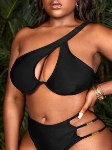SHEIN Swim Curve Summer Plus Size One Shoulder Cut Out Underwire Push Up Bikini Top - Black - View 4