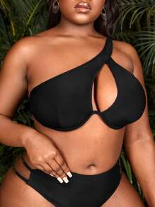 SHEIN Swim Curve Summer Plus Size One Shoulder Cut Out Underwire Push Up Bikini Top - Black - View 5