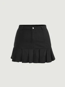 SHEIN ICON 大碼百褶下擺牛仔半身裙 - 黑色 - 查看 1