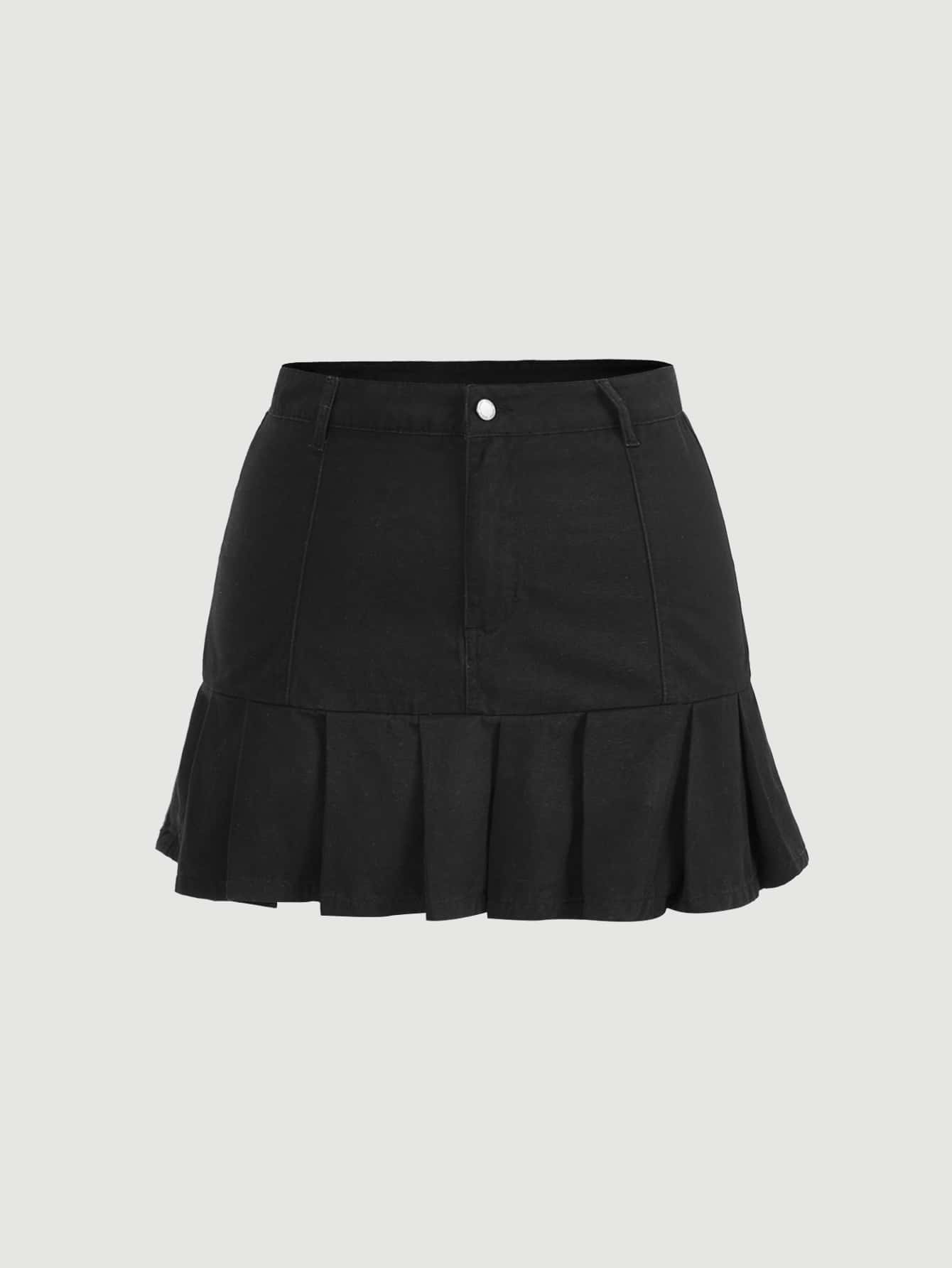 SHEIN ICON 大碼百褶下擺牛仔半身裙 - 黑色 - 查看 1