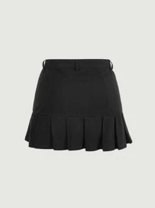 SHEIN ICON 大碼百褶下擺牛仔半身裙 - 黑色 - 查看 2