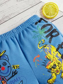 SHEIN Baby Boy Letter & Cartoon Graphic Shorts - Blue - View 9
