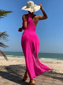 Plain One Shoulder Summer Beach Bikini Set With Cover Up - Hot Pink - View 2