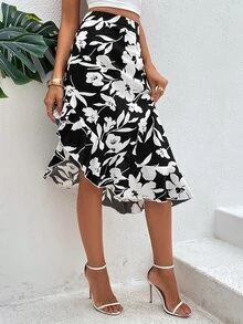 SHEIN VCAY Falda con estampado floral bajo con fruncido - Blanco y Negro - Ver 2