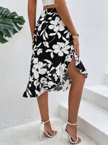 SHEIN VCAY Falda con estampado floral bajo con fruncido - Blanco y Negro - Ver 3
