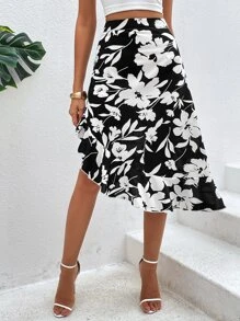 SHEIN VCAY Falda con estampado floral bajo con fruncido - Blanco y Negro - Ver 4