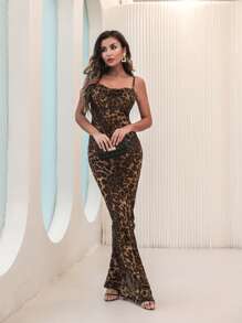 Leopard Print Mermaid Hem Cami Dress - Mocha Brown - View 3