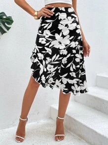 SHEIN VCAY Falda con estampado floral bajo con fruncido - Blanco y Negro - Ver 5