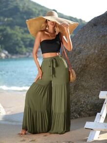SHEIN VCAY One Shoulder Crop Top & Ruffle Hem Belted Wide Leg Pants