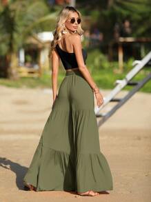 SHEIN VCAY One Shoulder Crop Top & Ruffle Hem Belted Wide Leg Pants