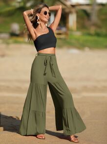 SHEIN VCAY One Shoulder Crop Top & Ruffle Hem Belted Wide Leg Pants