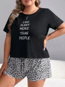 大碼標語圖案T恤和豹紋印花短褲睡衣套裝 - 彩色 - 查看 3