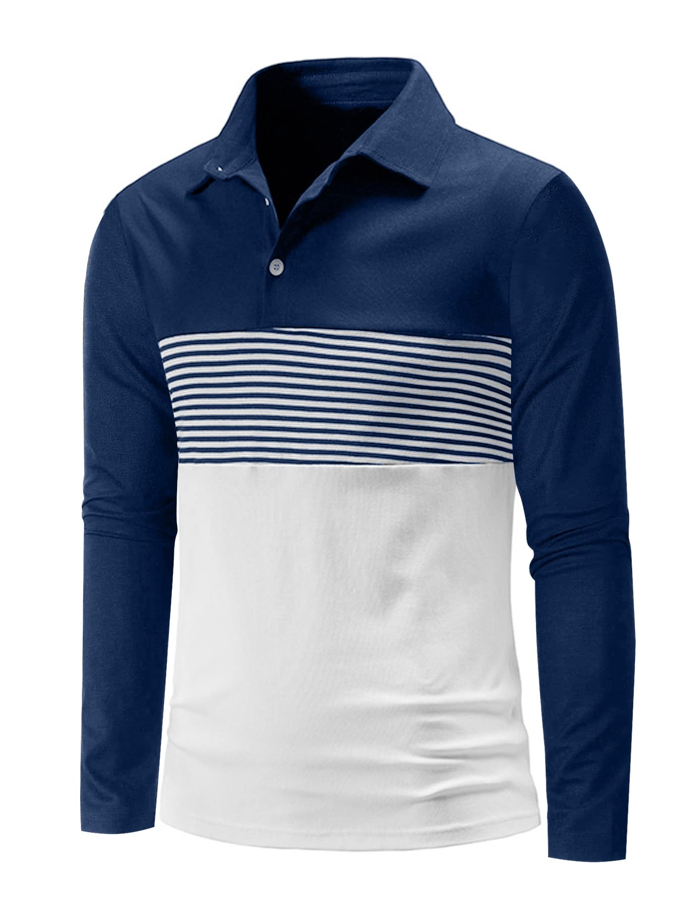 Men Striped Print Colorblock Polo Shirt - Blue and White - View 1