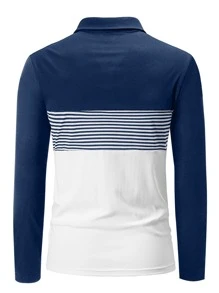 Men Striped Print Colorblock Polo Shirt - Blue and White - View 2