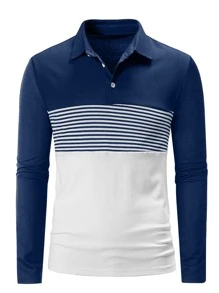 Men Striped Print Colorblock Polo Shirt - Blue and White - View 3