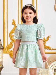 SHEIN Toddler Girls Jacquard Ruffle Trim Puff Sleeve Top & Skirt - Mint Green - View 1