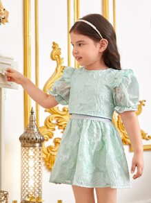 SHEIN Toddler Girls Jacquard Ruffle Trim Puff Sleeve Top & Skirt - Mint Green - View 6