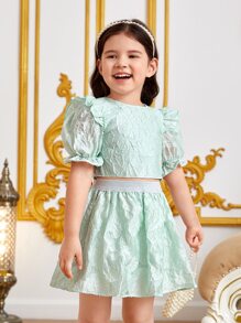 SHEIN Toddler Girls Jacquard Ruffle Trim Puff Sleeve Top & Skirt - Mint Green - View 7