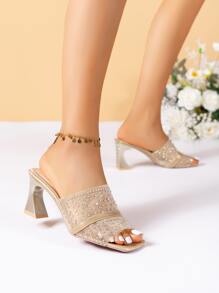 Glamorous Beige Mule Sandals For Women, Rhinestone Decor Mesh Sculptural Heeled Sandals - Gold - View 2