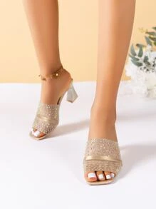 Glamorous Beige Mule Sandals For Women, Rhinestone Decor Mesh Sculptural Heeled Sandals - Gold - View 3