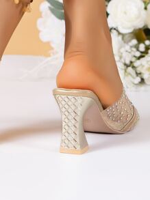 Glamorous Beige Mule Sandals For Women, Rhinestone Decor Mesh Sculptural Heeled Sandals - Gold - View 4