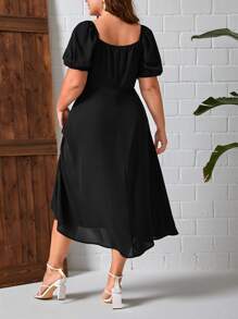 SHEIN Privé Đầm Plus Size viền lá sen Tách cao Nếp gấp Phần Ngực màu trơn Giải trí - màu đen - Xem 2