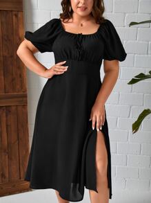 SHEIN Privé Đầm Plus Size viền lá sen Tách cao Nếp gấp Phần Ngực màu trơn Giải trí - màu đen - Xem 6