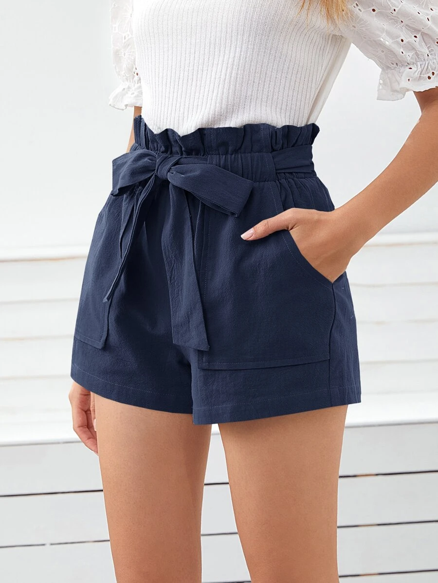 SHEIN Frenchy Paperbag Waist Belted Shorts Summer Casual Blue - Navy Blue - View 1