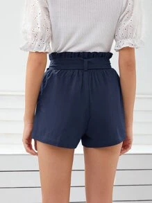 SHEIN Frenchy Paperbag Waist Belted Shorts Summer Casual Blue - Navy Blue - View 2