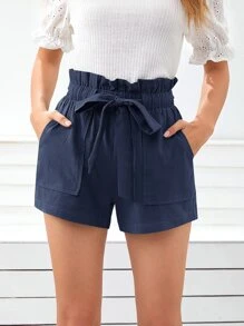 SHEIN Frenchy Paperbag Waist Belted Shorts Summer Casual Blue - Navy Blue - View 3