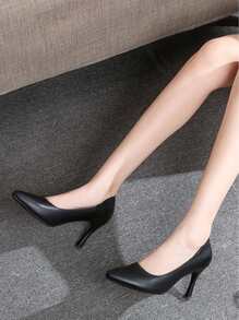 優雅黑色淺口高跟鞋適用於女士尖頭粗跟淺口皮鞋 - 黑色 - 查看 2