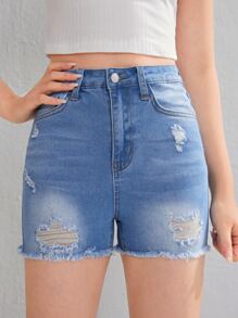 SHEIN 青少年女孩破洞毛邊牛仔短褲 - 淺色水洗藍 - 查看 3