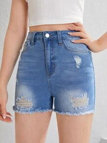 SHEIN 青少年女孩破洞毛邊牛仔短褲 - 淺色水洗藍 - 查看 5