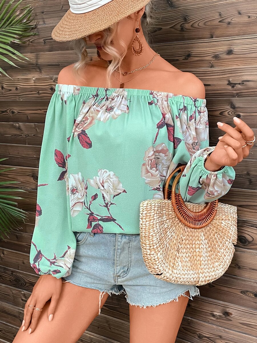 SHEIN VCAY Floral Print Off Shoulder Lantern Sleeve Blouse - Mint Green - View 1