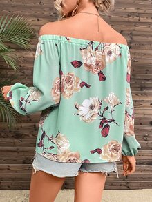 SHEIN VCAY Floral Print Off Shoulder Lantern Sleeve Blouse - Mint Green - View 2