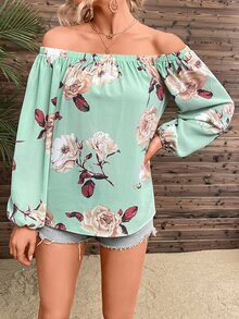 SHEIN VCAY Floral Print Off Shoulder Lantern Sleeve Blouse - Mint Green - View 3