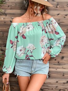 SHEIN VCAY Floral Print Off Shoulder Lantern Sleeve Blouse - Mint Green - View 5