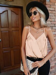 SHEIN Clasi Fold Pleated Solid Satin Cami Top - Apricot - View 4