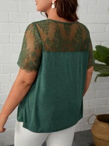 SHEIN LUNE Áo thun Plus size Tương phản ren màu trơn Giải trí - màu xanh lá - Xem 2