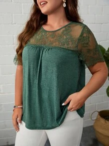 SHEIN LUNE Áo thun Plus size Tương phản ren màu trơn Giải trí - màu xanh lá - Xem 4