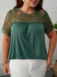 SHEIN LUNE Áo thun Plus size Tương phản ren màu trơn Giải trí - màu xanh lá - Xem 5