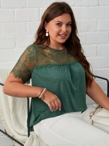 SHEIN LUNE Áo thun Plus size Tương phản ren màu trơn Giải trí - màu xanh lá - Xem 6