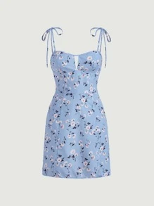 SHEIN MOD 印花肩上打結吊帶連衣裙 - 淺藍色 - 查看 1