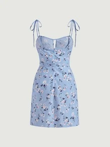 SHEIN MOD 印花肩上打結吊帶連衣裙 - 淺藍色 - 查看 2