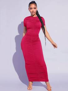 SHEIN SXY 素色褶邊緊身連衣裙 - 玫瑰紅 - 查看 4