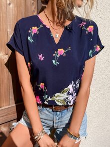 SHEIN VCAY Áo sơ mi nữ Hoa Boho - Màu xanh hải quân - Xem 4