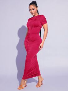 SHEIN SXY 素色褶邊緊身連衣裙 - 玫瑰紅 - 查看 5