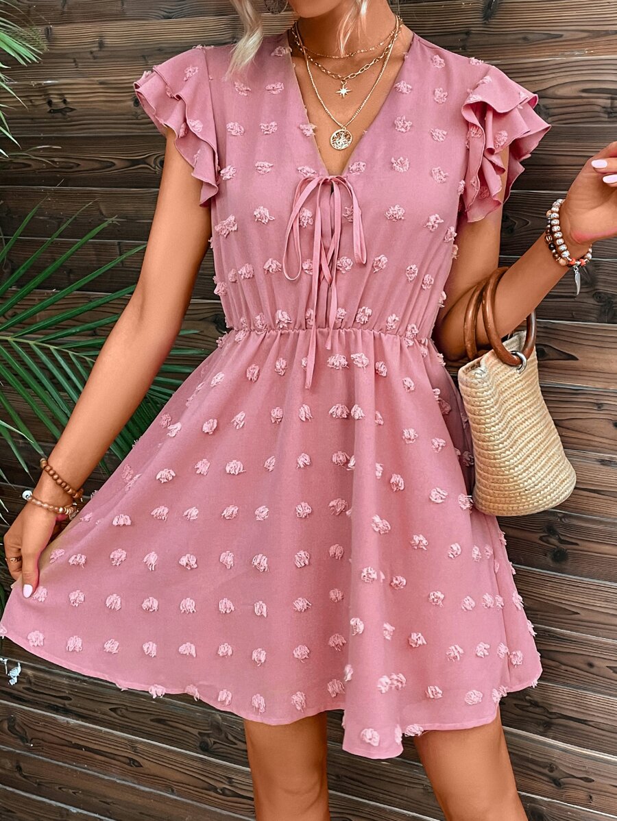 SHEIN VCAY Swiss Dot Tie Front Ruffle Trim Dress - Dusty Pink - View 1