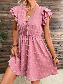 SHEIN VCAY Swiss Dot Tie Front Ruffle Trim Dress - Dusty Pink - View 3