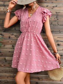 SHEIN VCAY Swiss Dot Tie Front Ruffle Trim Dress - Dusty Pink - View 4